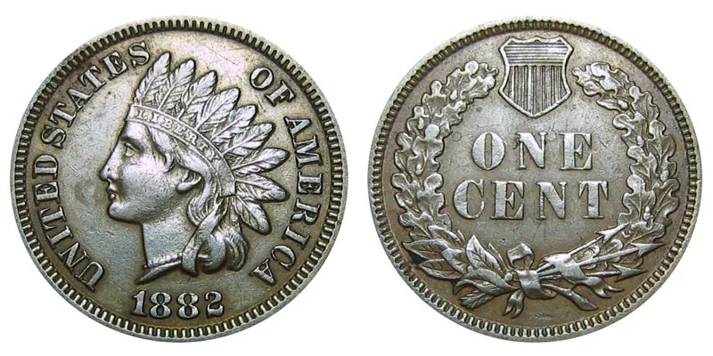 1882 Indian Head Penny obverse and reverse showing Lady Liberty in headdress and ONE CENT reverse