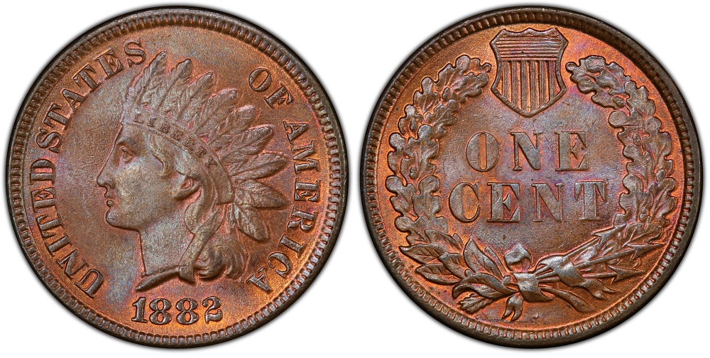 1882 Indian Head Penny comparison: Brown (BN) circulated example on left vs. full Red (RD) Mint State example on right