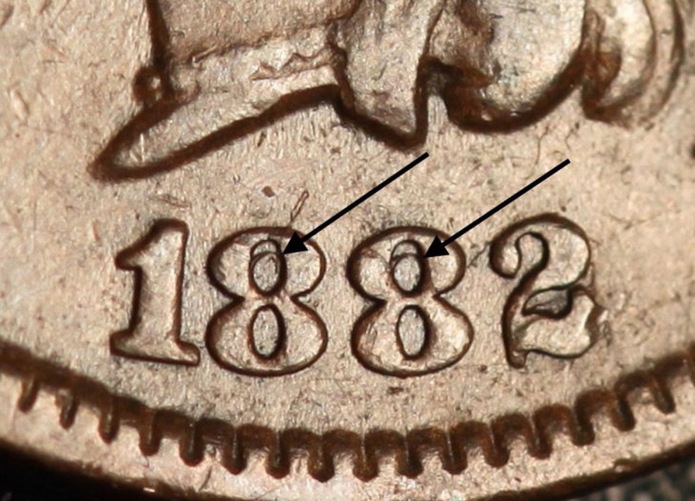 1882 Indian Head Penny Doubled Die Obverse close-up showing doubling on LIBERTY letters in headdress band