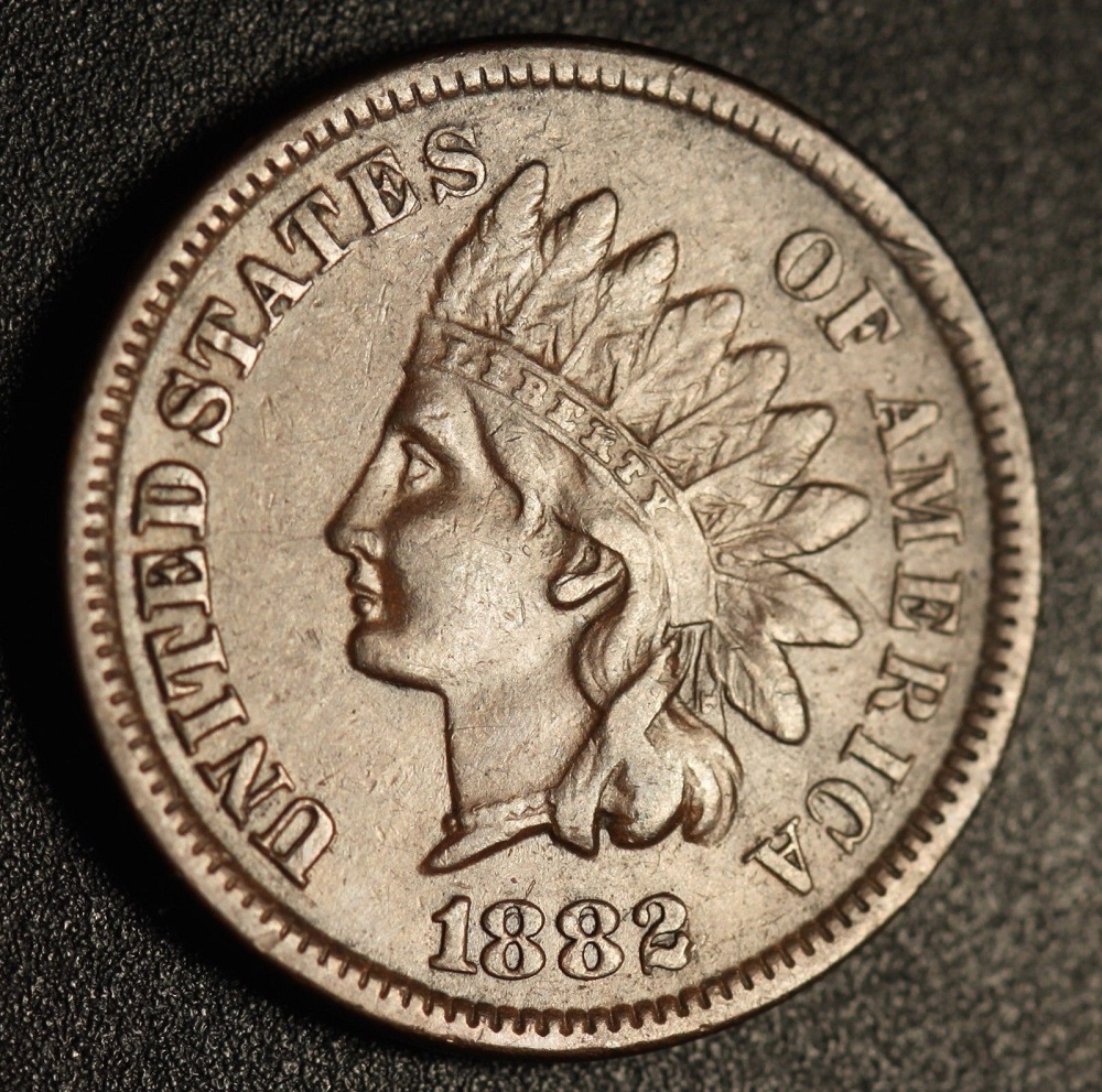 1882 Indian Head Penny Repunched Date showing secondary digit impressions visible in the date numerals under magnification