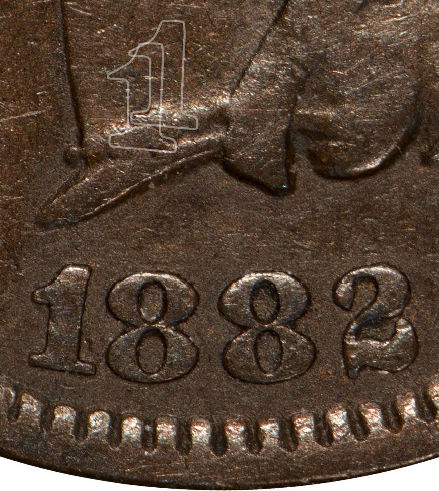 1882 Indian Head Penny Misplaced Date showing a stray partial date digit visible in the denticle area below the main date