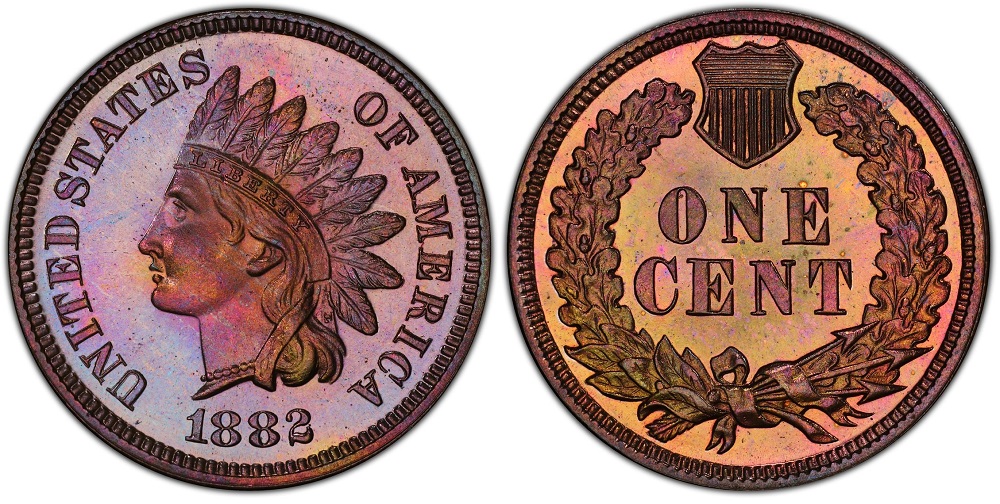 1882 Proof Indian Head Penny showing mirror-like reflective fields, sharp squared rims, and frosted portrait cameo contrast