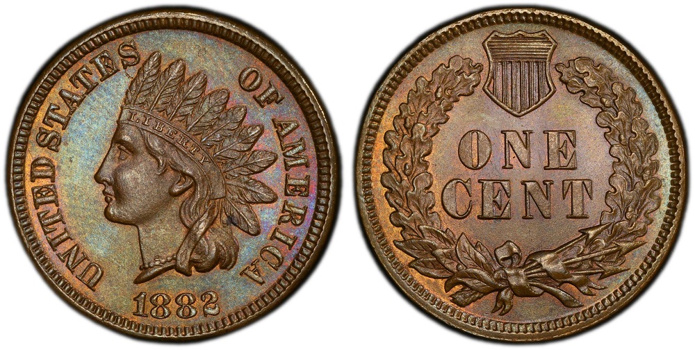 1882 Indian Head Penny mintage illustration: group of specimens showing varying grades from well-worn to Mint State, or historical Philadelphia Mint photograph