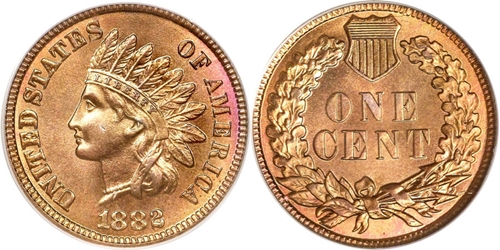 1882 Indian Head Penny grading strip showing four condition tiers from left: Good (worn), Fine, Extremely Fine, and Mint State with original luster